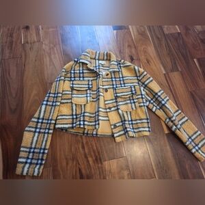 True Craft Plaid Yellow and Blue Teddy Jacket Cropped
